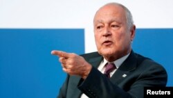 FILE - Ahmed Aboul Gheit, Arab League's secretary general, gestures as he speaks at the Rome Mediterranean summit MED 2018 in Rome, Italy, Nov. 22, 2018.