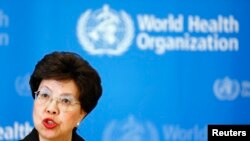 Direktur Jenderal Organisasi Kesehatan Dunia (WHO) Margaret Chan setelah rapat komite darurat mengenai Ebola selama dua hari, di Jenewa 8 Agustus 2014.