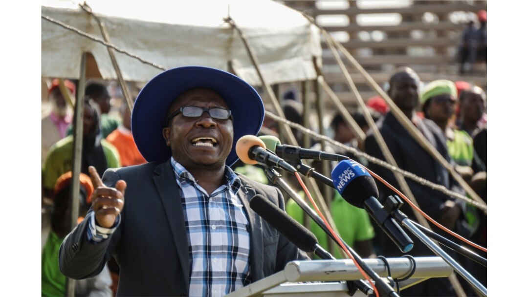 FILE - Transform Zimbabwe leader Jacob Ngarivhume gestures as he addresses a Movement for Democratic Change (MDC) Alliance launch rally at White City Stadium in Bulawayo on Sept. 2, 2017.