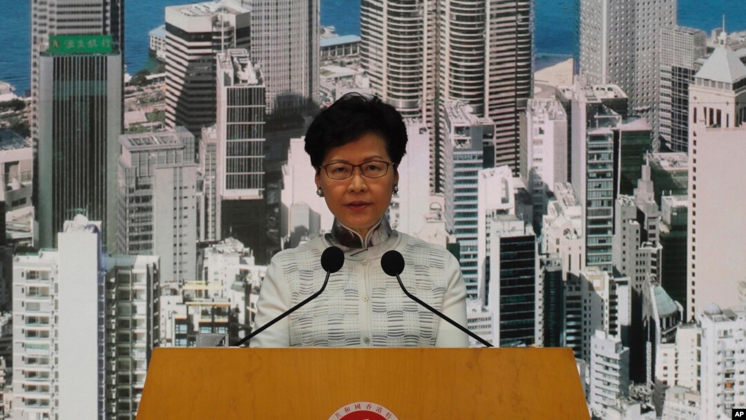 Hong Kong's Chief Executive Carrie Lam attends a press conference, Saturday, June 15, 2019, in Hong Kong.