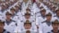 FILE - Chinese sailors sit in rows during a tour arranged for foreign journalists, a day before the opening of the West Pacific Naval Symposium in Qingdao in eastern China's Shandong province, April 21, 2024. 