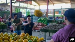 ARCHIVO - Trabajadores llenan una canasta con papayas en el mercado de la Cooperativa Cecosesola en Barquisimeto, Venezuela, el 19 de enero de 2025.