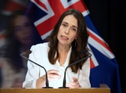 FILE - New Zealand's Prime Minister Jacinda Ardern addresses a press conference at the post-Cabinet media conference at Parliament, in Wellington, New Zealand, April 20, 2020.