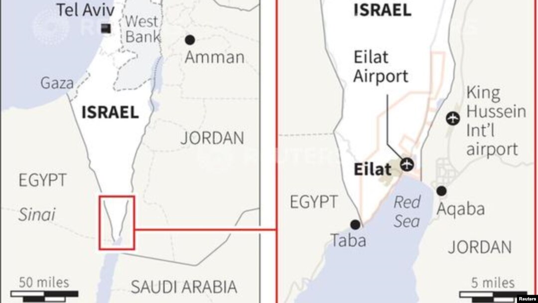 Peta wilayah kota resor Eilat di tepi Laut Merah. Israel menembak jatuh roket yang ditembakkan dari Mesir ke arah kota ini, Selasa (13/8).