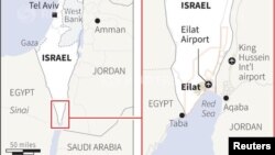 Peta wilayah kota resor Eilat di tepi Laut Merah. Israel menembak jatuh roket yang ditembakkan dari Mesir ke arah kota ini, Selasa (13/8).