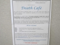 FILE - This photo shows an invitation to a Death Cafe discussion in New York City, Oct. 17, 2013.