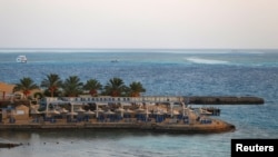 FILE - One of the beaches of the city of Hurghada, Egypt, July 15, 2017. Thomas Cook said Thursday it is evacuating its customers from a hotel in Hurghada after two guests died.