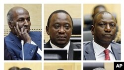 Watuhumiwa sita walofunguliwa mashtaka na mahakama ya Kimataifa ya Uhalifu wa Vita ICC.
(Juu kutoka kushoto): Maj. Gen. Mohammed Hussein Ali, ameachiliwa, Uhuru Muigai Kenyatta, and William Samoei Ruto;(Chini kutoka kushoto): Henry Kiprono Kosgey, aliyea