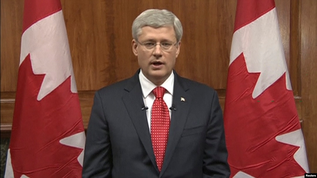 Perdana Menteri Kanada, Stephen Harper, memberikan pernyataan dalam siaran langsung televisi CBC di Ottawa (22/10). 