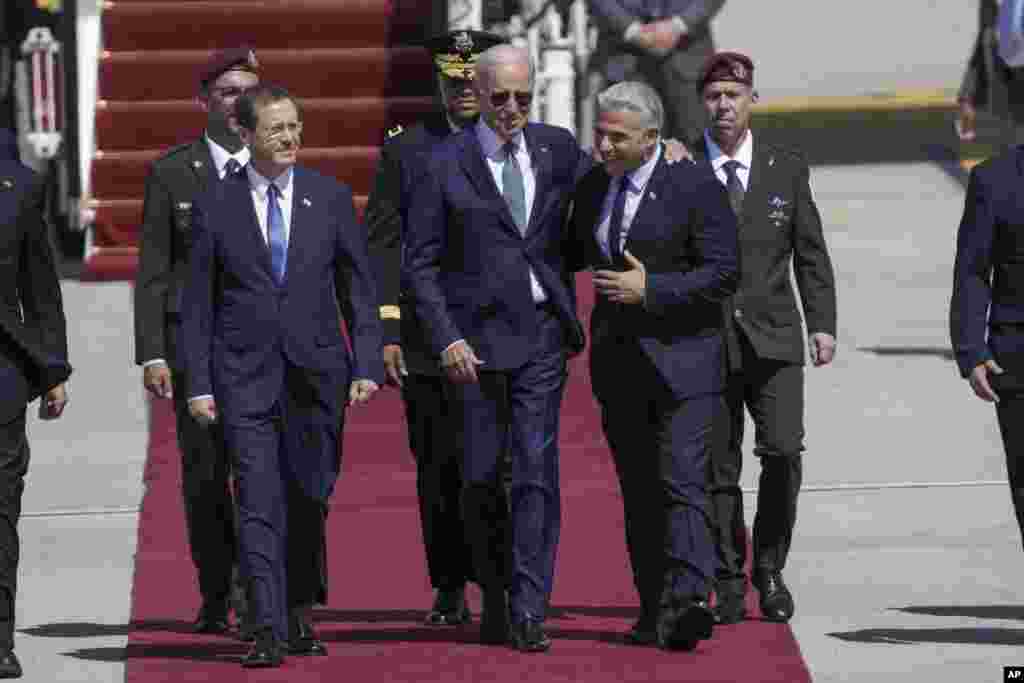 استقبال اسحاق هرتزوگ و یائیر لاپید، رئیس جمهوری و نخست وزیر اسرائیل، از رئیس جمهوری ایالات متحده (چهارشنبه ۲۲ تیر ۱۴۰۱)