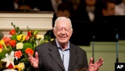 FILE - Former President Jimmy Carter teaches Sunday School class at the Maranatha Baptist Church in his hometown of Plains, Ga., Aug. 23, 2015. 