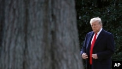 President Donald Trump walks to speak to members of the media on the South Lawn of the White House in Washington, Nov. 4, 2019.