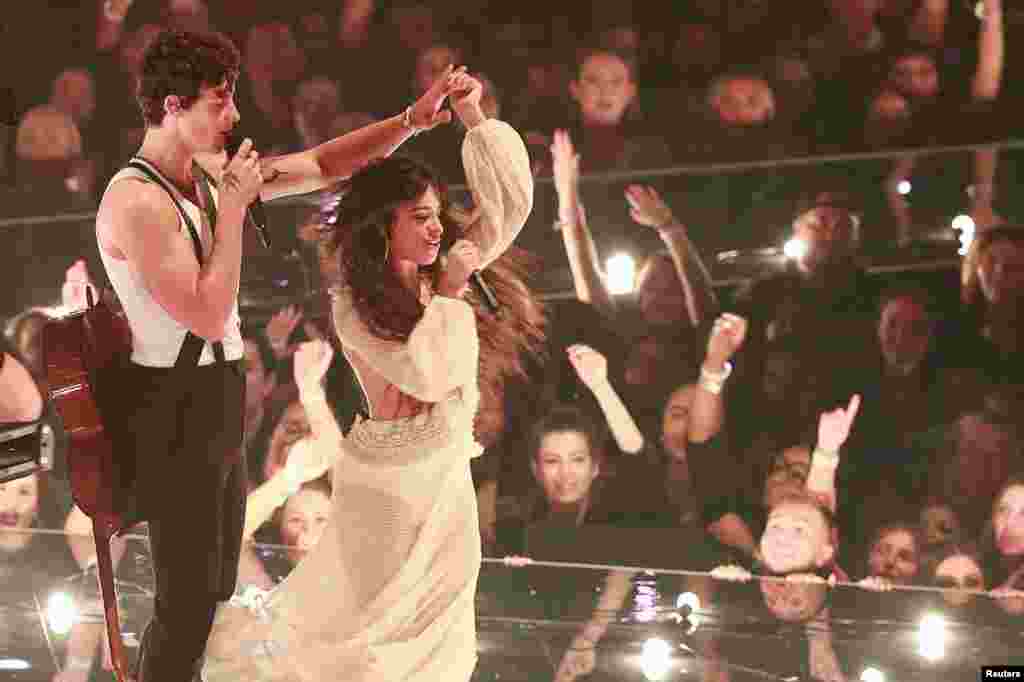 Camila Cabello and Shawn Mendes perform &quot;Senorita&quot; at the 2019 MTV Video Music Awards at the Prudential Center in Newark, New Jersey, Aug. 26, 2019.