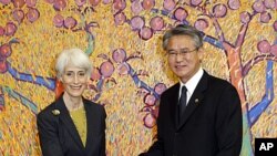 U.S. Undersecretary of State for Political Affairs Wendy Sherman with South Korean 1st Vice Foreign Minister Park Suk-hwan during their meeting at the Foreign Ministry in Seoul, South Korea, Nov. 22, 2011.