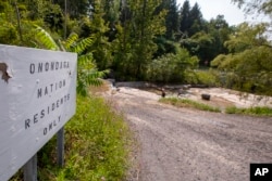 A sign reads "Onondaga Nation Residents Only," Thursday, Aug. 3, 2023, on the Onondaga Nation territory in central New York.