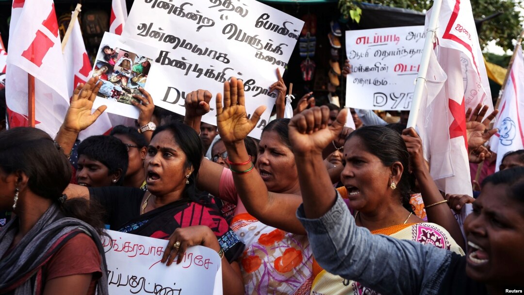 Women shout slogans during a protest against the government and police forces, after at least nine people were killed when police fired at protesters calling for the closure of a Vedanta Resources-controlled copper smelter in Thootukudi, in southern Indian state of Tamil Nadu, in Chennai, India, May 22, 2018. 