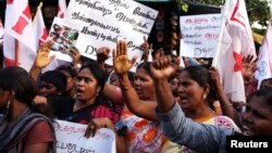 Women shout slogans during a protest against the government and police forces, after at least nine people were killed when police fired at protesters calling for the closure of a Vedanta Resources-controlled copper smelter in Thootukudi, in southern Indian state of Tamil Nadu, in Chennai, India, May 22, 2018. 