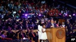 Martin Luther King III speaks at the Mason Temple of the Church of God in Christ, Tuesday, April 3, 2018, in Memphis, Tennessee. 