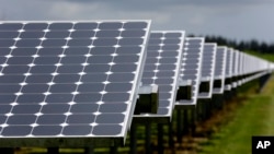 FILE - Some of the more than 37,000 solar panels gather sunlight at the Space Coast Next Generation Solar Center, in Merritt Island, Florida, May 2015.