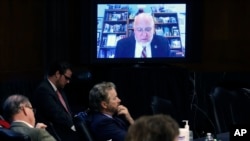 Senators listen as Dr. Anthony Fauci, director of the National Institute of Allergy and Infectious Diseases, speaks remotely during a virtual Senate Committee for Health, Education, Labor, and Pensions hearing, May 12, 2020 on Capitol Hill in Washington.