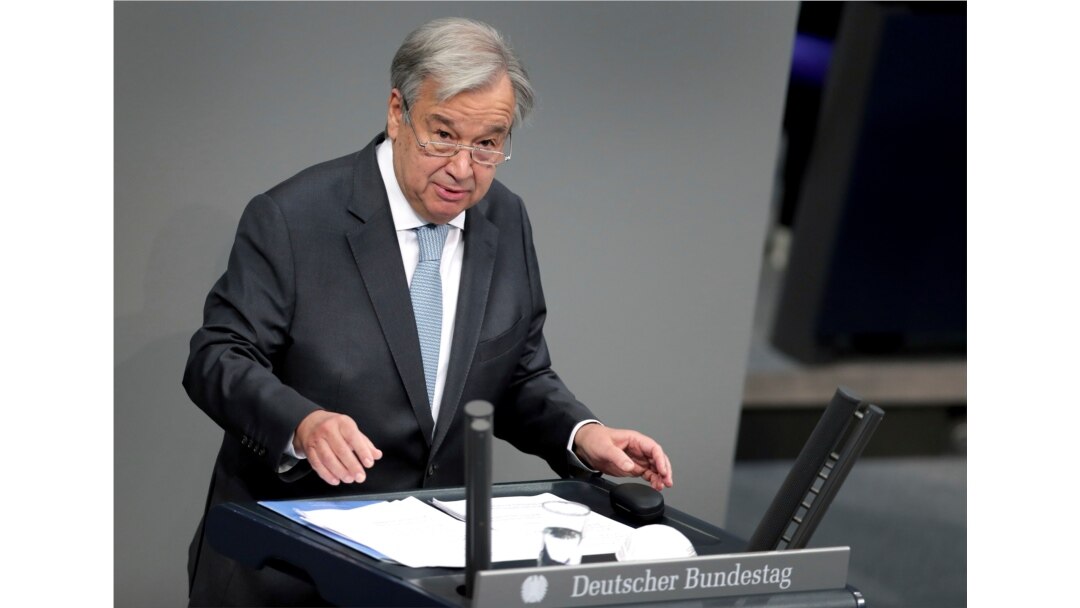 UN Secretary-General Antonio Guterres delivers a speech during a meeting of the German federal parliament, Bundestag, at the Reichstag building in Berlin, Germany, Friday, Dec. 18, 2020.