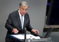 UN Secretary-General Antonio Guterres delivers a speech during a meeting of the German federal parliament, Bundestag, at the Reichstag building in Berlin, Germany, Dec. 18, 2020.