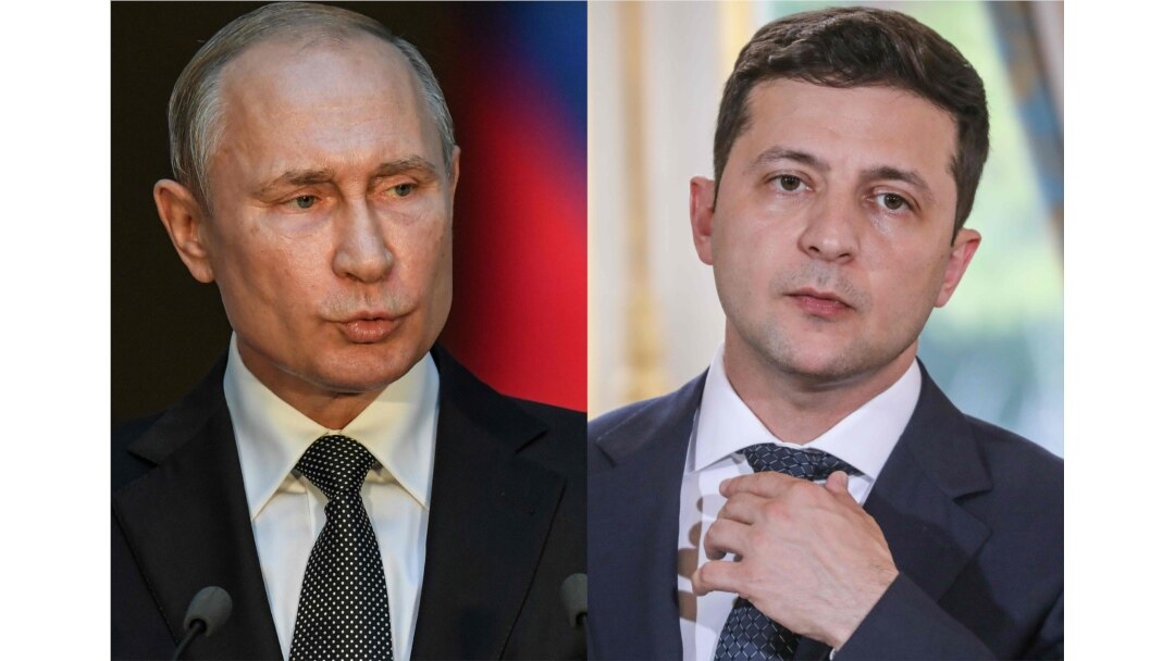This combination of photos created on July 11, 2019, shows Russian President Vladimir Putin, left, and Ukraine President Volodymyr Zelensky.