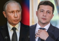 This combination of photos created on July 11, 2019, shows Russian President Vladimir Putin, left, and Ukraine President Volodymyr Zelensky.