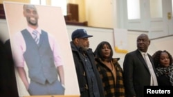 Father-in-law Rodney Wells and Tire Nichols' mother Lowvaughan Wells take the stage with attorney Ben Crump during a press conference at Mount Olive Cathedral CME Church in Memphis, Tennessee on January 27, 2023.
