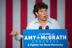 FILE - Democratic congressional candidate Amy McGrath speaks during a campaign event in Owingsville, Ky., Oct. 12, 2018.