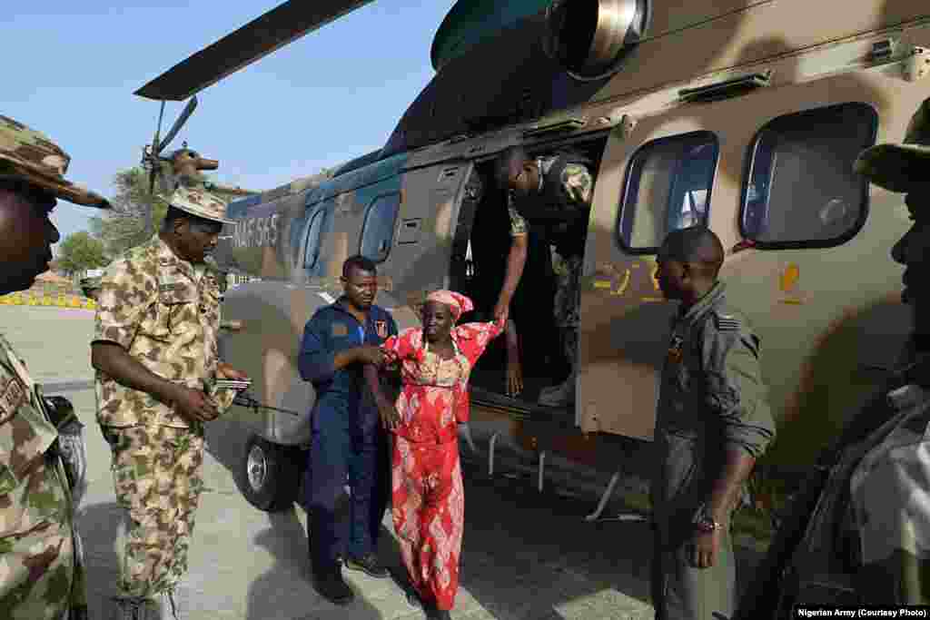 The rescued Chibok schoolgirl, Amina Ali, was airlifted by Nigeria Air Force from Damboa to Maiduguri.