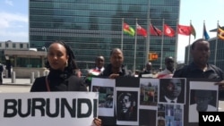 Members of the Burundian diaspora and exiled civil society leaders gathered at the United Nations, demanding action to stop violence in Burundi, April 26, 2016. (M. Besheer/VOA)