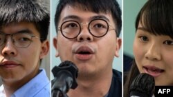 This combination of file photos shows Hong Kong pro-democracy activists Joshua Wong (L), Ivan Lam (C), and Agnes Chow (R)