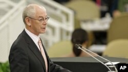 Presiden Dewan Eropa Herman van Rompuy atas nama 28 anggota Uni Eropa memberikan pidato mengenai senjata kimia Suriah pada Sidang Umum PBB, Rabu (25/9). 