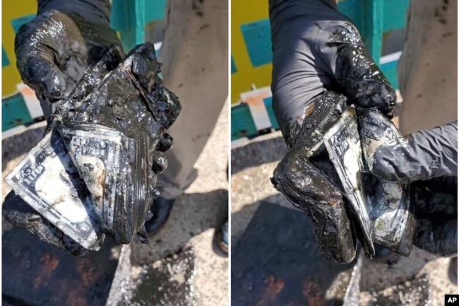 In these still images from video, magnet fisher James Kane displays the part of the contents of a safe he pulled out of a pond, in Flushing Meadows Corona Park, in the Queens borough of New York, Friday May 31, 2024. (James Kane and BarbI Agostini @LetsGetMagnetic via AP)