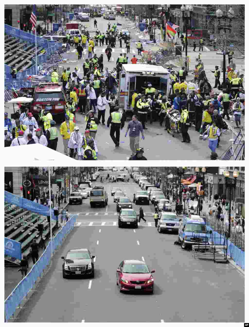 These photos were taken April 15, 2013 and April 14, 2014. The 2013 photo shows medical workers aiding injured people on Boylston Street near the finish line of the 2013 Boston Marathon following two bomb explosions, and nearly a year later traffic flowing on the same street.