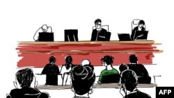 This court sketch created on July 30, 2019 shows US rapper A$AP Rocky (middle row, in green shirt) during his trial at the district court in Stockholm. 