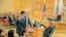 his courtroom sketch depicts former President Donald Trump's former national security adviser Michael Flynn, standing (C), flanked by his lawyers, listening to U.S. District Judge Emmet Sullivan (R).