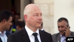 FILE - Jason Greenblatt, center, U.S. President Donald Trump's Middle East envoy, arrives to visit Kibbutz Nahal Oz, just outside the Gaza Strip, in southern Israel, Aug. 30, 2017.