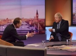 Britain's Prime Minister Boris Johnson appears on BBC TV's The Andrew Marr Show in London, Britain, Dec, 1, 2019. (Jeff Overs/BBC/Handout via Reuters)