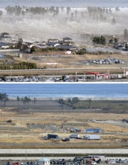 Esta combinación de fotos muestra las olas del sunami inundando las viviendas en Natori, en el noreste de Japón, el 11 de marzo de 2011.