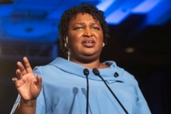 FILE - Georgia Democratic gubernatorial candidate Stacey Abrams addresses supporters during an election night watch party in Atlanta, Nov. 6, 2018.