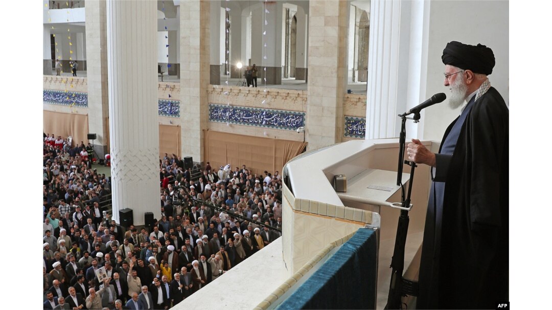 A photo provided by the office of the Iranian supreme leader, Ayatollah Ali Khamenei, shows him speaking during the Eid al-Fitr prayer ceremony in Tehran on April 10, 2024. He warned that Israel "must be punished and will be punished” for its attack on Iran's consulate in Syria.