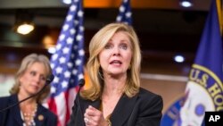 Anggota DPR Partai Republik, Marsha Blackburn, mengumumkan American Health Care Reform Act, pengganti Affordable Care Act atau Obamacare (AP Photo/J. Scott Applewhite).