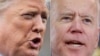 This combination of file photos shows President Donald Trump, left, speaking to the media in Washington on March 3, 2020 and Democratic presidential hopeful and former Vice President Joe Biden at a Nevada Caucus watch party on Feb. 22, 2020.