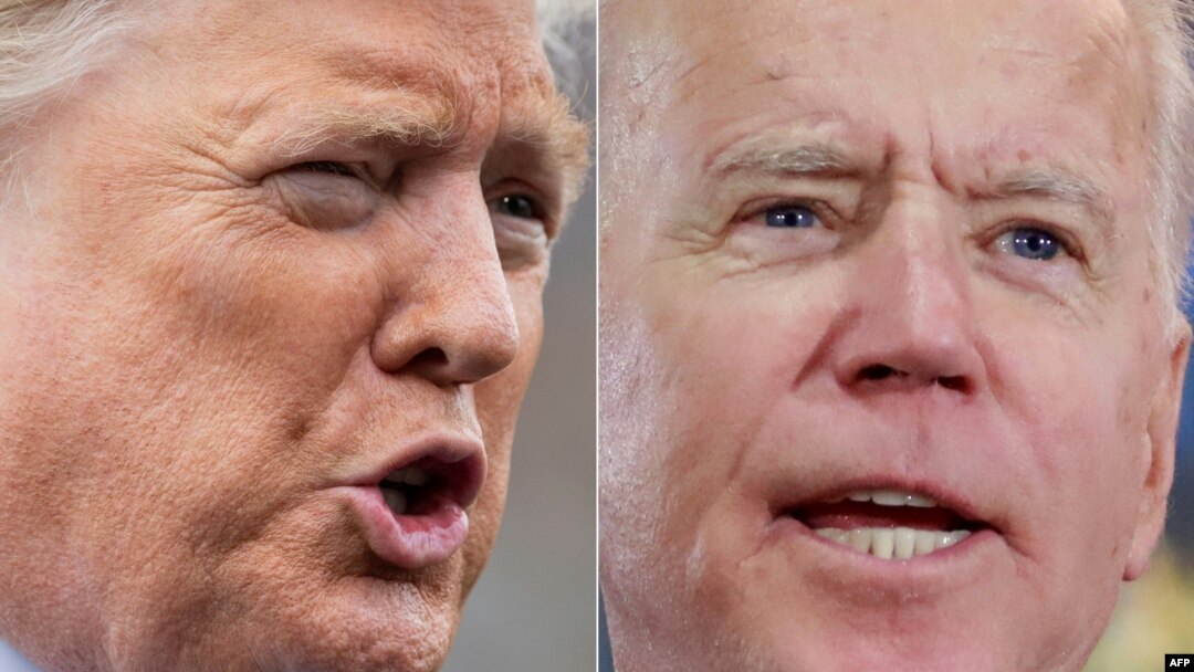 This combination of file photos shows President Donald Trump, left, speaking to the media in Washington on March 3, 2020 and Democratic presidential hopeful and former Vice President Joe Biden at a Nevada Caucus watch party on Feb. 22, 2020.