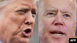 This combination of file photos shows President Donald Trump, left, speaking to the media in Washington on March 3, 2020 and Democratic presidential hopeful and former Vice President Joe Biden at a Nevada Caucus watch party on Feb. 22, 2020.