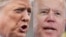 This combination of file photos shows President Donald Trump, left, speaking to the media in Washington on March 3, 2020 and Democratic presidential hopeful and former Vice President Joe Biden at a Nevada Caucus watch party on Feb. 22, 2020.