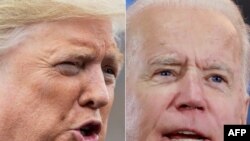 This combination of file photos shows President Donald Trump, left, speaking to the media in Washington on March 3, 2020 and Democratic presidential hopeful and former Vice President Joe Biden at a Nevada Caucus watch party on Feb. 22, 2020.