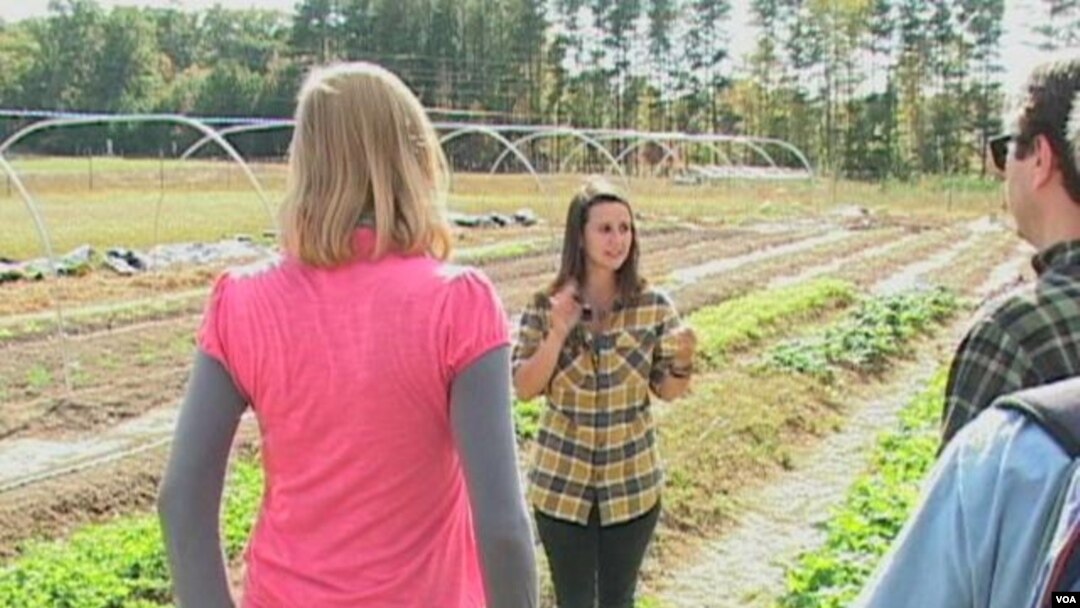 Emily Sloss, pengelola ladang di kampus Universitas Duke, mengajak pengunjung mengelilingi kebun sayuran organik.
